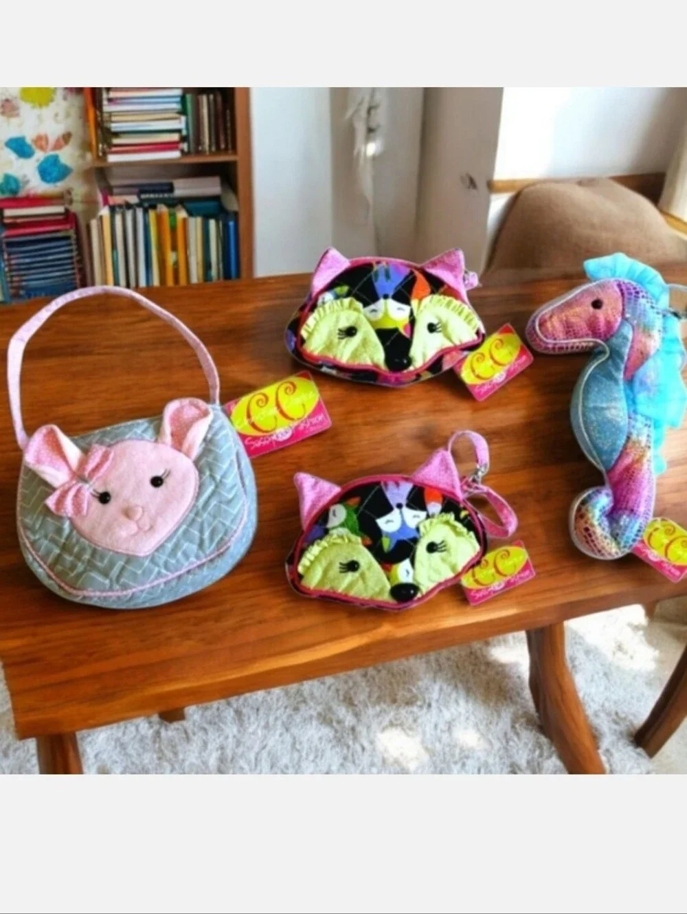 4 Piece Girls Bags: Mouse Tote Bag, Seahorse Wristlet, Fox Pouch NWT